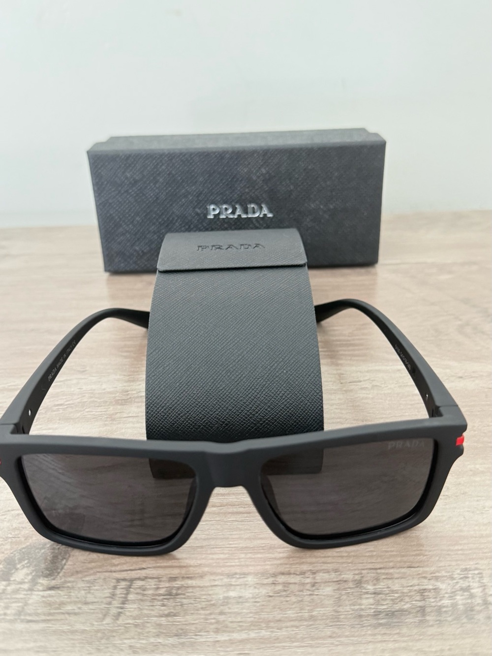 Prada Linea Rossa Black Rectangular Sunglasses 54-18-143 w/ Case & Box